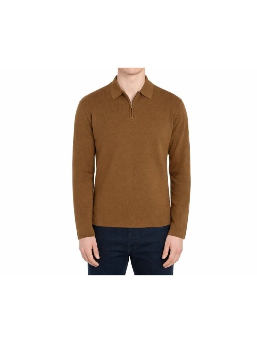Hickey Freeman Men's L Brown Sweater Polo Shirt With Half-Zip Rayon Blend e1758